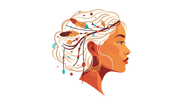 A profile view of a woman with blonde hair decorated with feathers, beads, and foliage, wearing large hoop earrings against a white background.