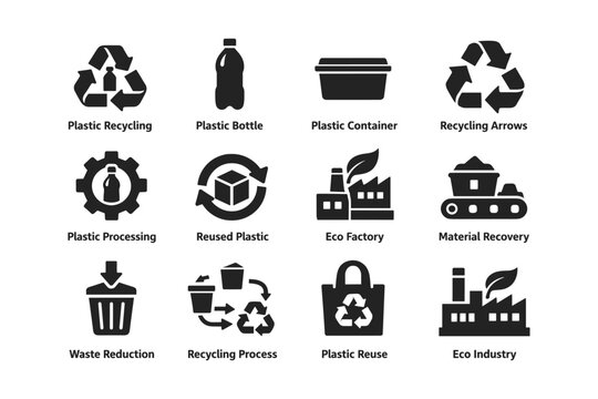 Eco-friendly practices: plastic recycling, reuse, and waste reduction icons