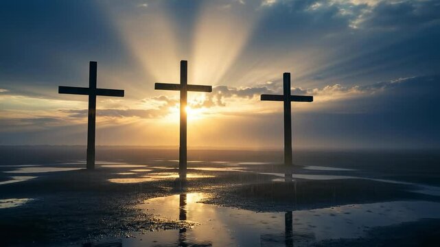 Three Christian Crosses at Sunrise for Easter Sunday Morning Service Background
