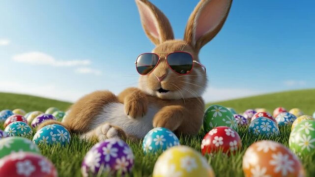 Humorous Easter bunny wearing aviator sunglasses relaxing on green grass with colorful painted eggs