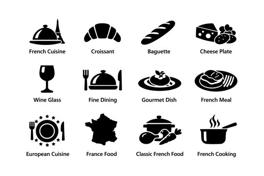 Icons of french cuisine: croissant, baguette, cheese, wine, dining