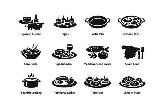Spanish cuisine icons: tapas, paella, olive dishes, mediterranean flavors, traditional dishes
