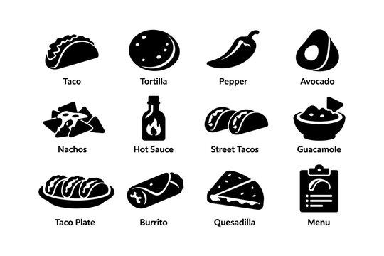 Mexican food icons: taco, tortilla, pepper, avocado, nachos, hot sauce, street tacos, guacamole
