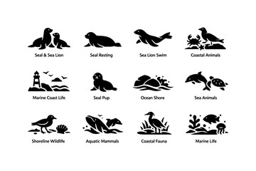 Fototapeta premium Silhouettes of marine coastal animals and aquatic life