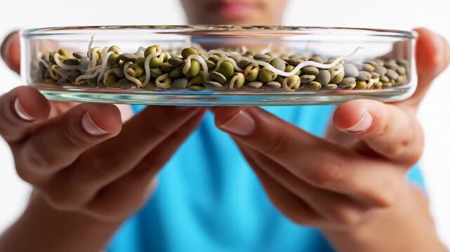 Hands holding glass dish of sprouted mung beans, healthy plant based nutrition for meal prep and detox lifestyle, fresh microgreens for vegan cooking and wellness