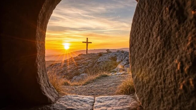 Empty Tomb with Rolled Stone at Sunrise for Christian Worship and Sermon Media
