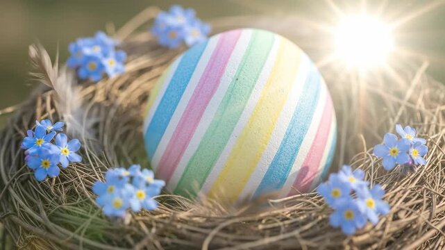 Artisanal hand-painted pastel striped Easter egg in a rustic bird nest with spring flowers