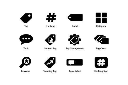 Set of tag and label icons for content organization and management