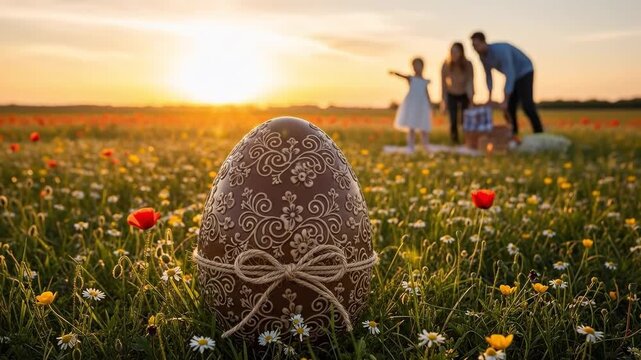 Gourmet Handcrafted Chocolate Easter Egg with Twine Bow in Meadow with Blurred Family Picnic