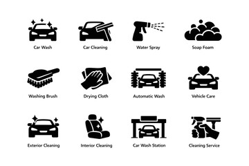 Car wash icons set: cleaning, foam, brush, spray, automatic, care