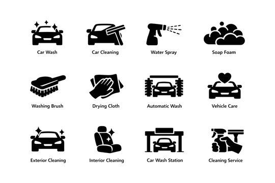 Car wash icons set: cleaning, foam, brush, spray, automatic, care