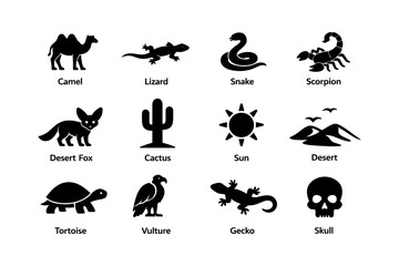 Fototapeta na wymiar Desert wildlife silhouettes: camel, lizard, snake, scorpion, sun, and more