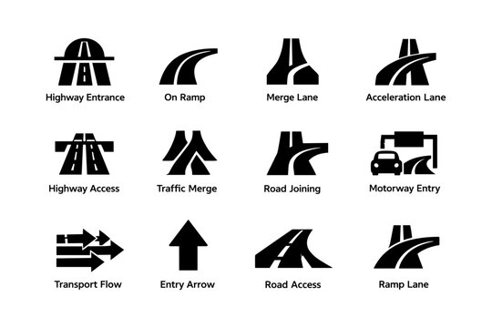 Road sign icons: highway entrance, merge lane, traffic symbols