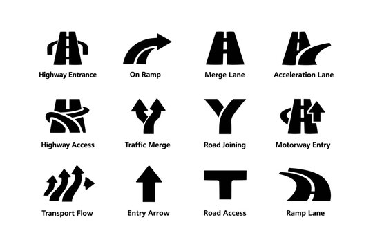 Traffic sign icons: highway, ramp, merge, lane, access, entry, flow, joining, arrow, transport