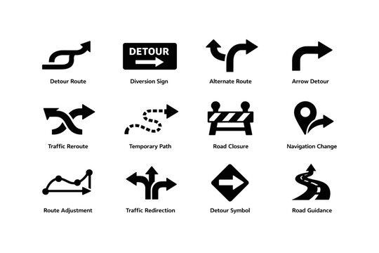 Road sign icons: detour, diversion, symbols for traffic redirection and guidance