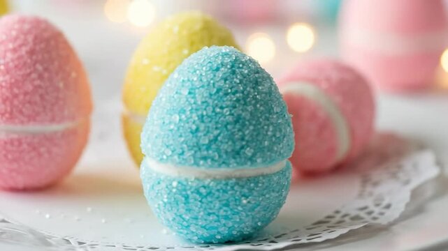 Three handmade pastel sugar-coated marshmallow Easter eggs on a white lace doily