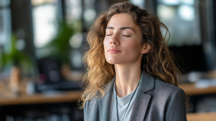 Obraz premium Faceless young woman practicing mindfulness at work in modern office, closing eyes and focusing on breath, capturing serenity amidst busy environment, showcasing self-care