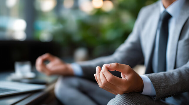 Faceless person meditating at office wearing suit in meditation, relaxation at work concept, workplace mindfulness, professional stress relief, with copy space