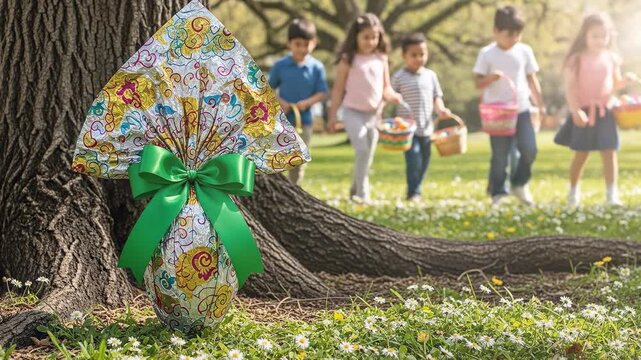 Large wrapped chocolate Easter egg with green bow at a community park egg hunt with diverse children