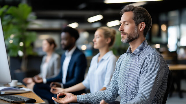 Faceless calm employees meditating together in modern office space, team wellness, group mindfulness, workplace meditation, with copy space