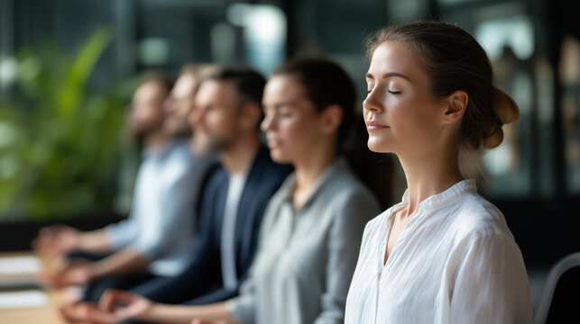Faceless calm employees meditating together in modern office space, team wellness, group mindfulness, workplace meditation, with copy space