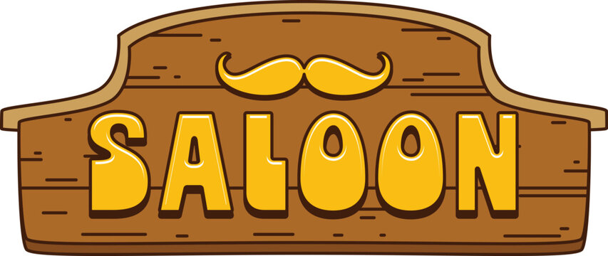 Western and Wild West retro groovy saloon signboard. Western saloon wooden signboard with golden letters and mustaches retro element, Wild West isolated vector sticker. Texas history cartoon patch