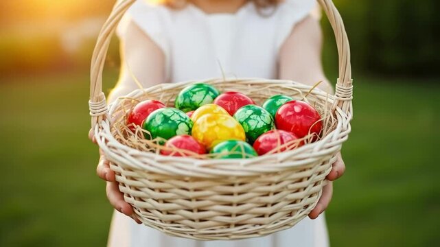 Young girl holding a wicker basket of handcrafted marbled Easter eggs in a sunny spring garden