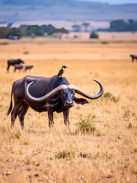 Water Buffalo with bird in the veldt of the Maasai Mara, Kenya.