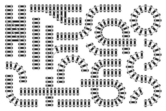 Railroad train track line, railway route with straight rails, crossroads, junctions and circular loops, bends, round circuits and rail intersections. Designed for transport maps, railway infographic