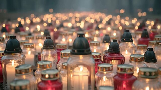 Many burning grave lanterns glowing in a cemetery at dusk. Memorial candles lit on All Saints Day to honor the deceased. Remembrance and mourning concept footage.