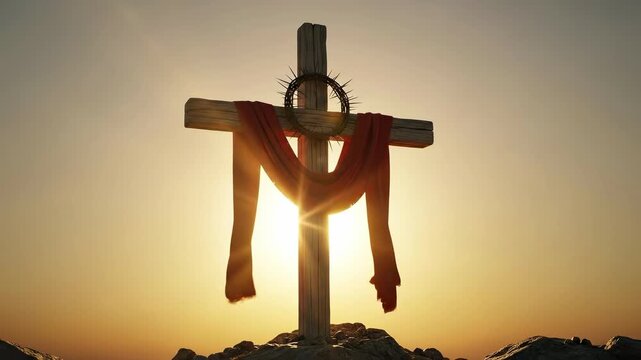 Wooden cross with crown of thorns and red cloth at sunset for Good Friday remembrance