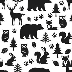 Obraz premium Seamless Pattern of Forest Animals and Trees Silhouette 7.