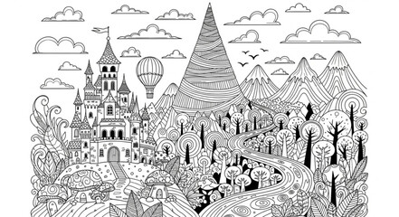 Intricate black and white illustration of a detailed architectural fantasy castle. © izas