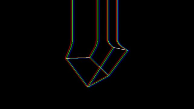Retro style and pixelated 3d cube shape spinning animaton with distorted lines. and glitch effects