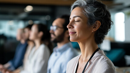 Fototapeta premium Faceless confident businesswoman meditating with colleagues in relaxed office setting, team wellness, group mindfulness, with copy space