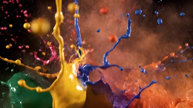 Vibrant colorful paint splatters create dynamic abstract artwork indoors