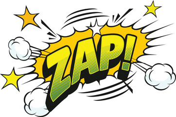 Fototapeta premium Zap comic pop art sound effect, speech bubble word In bold yellow green typography, surrounded by star shapes, motion lines, and puffs of smoke, captures action, surprise, and superhero sound effects