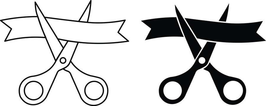 Outline and solid black silhouette icons of scissors cutting a ribbon, symbolizing a grand opening or ceremony.