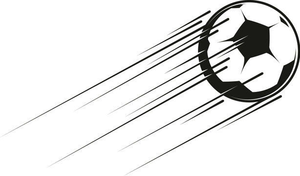 Football soccer game ball hit motion trail element. Soccer ball flying graphic sign, football kick speed movement vector emblem. Sport game shoot trail symbol or motion trail graphic element