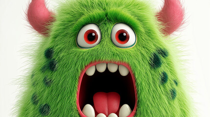 Fototapeta premium A fuzzy green monster with big eyes and an open mouth shows a playful expression