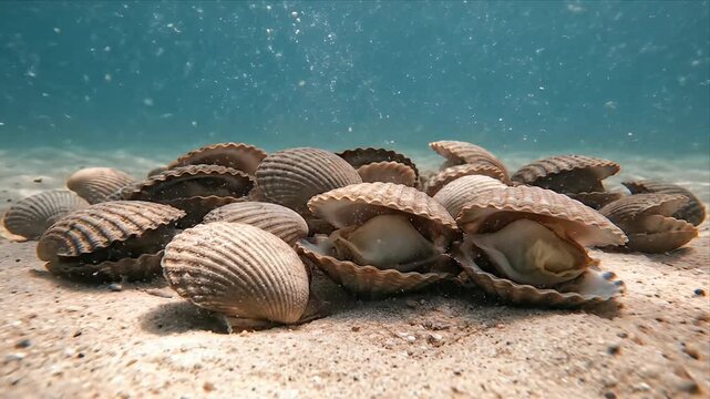 Group of Open and Closed Scallops Resting on Sandy Seabed Underwater Natural Sunlight Illuminating Marine Life