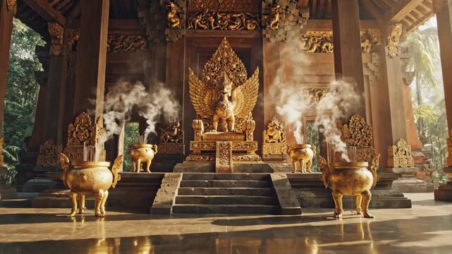 Ornate golden Garuda throne in a dimly lit smokefilled temple interior