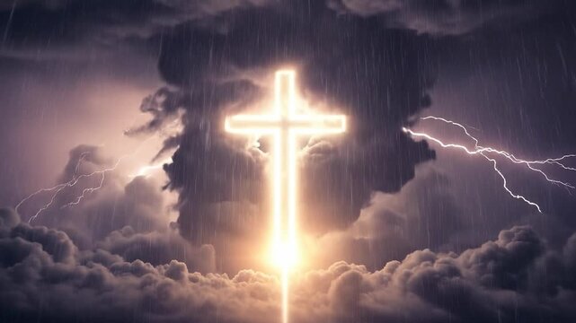 Glowing Christian cross in a dark stormy sky with lightning bolts for spiritual warfare