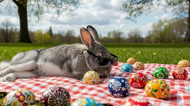 Cool grey rabbit wearing sunglasses relaxing on picnic blanket with colorful Easter eggs in park