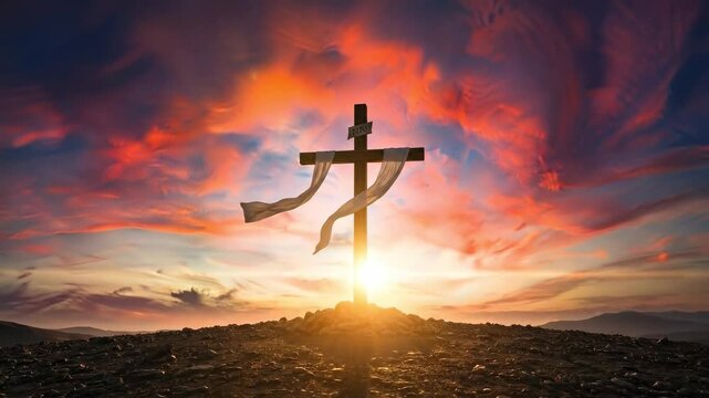 Christian cross with white shroud on a rocky hill at sunset for Easter Sunday celebration