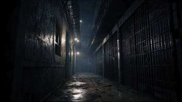 dark and gloomy prison corridor with barbed wire