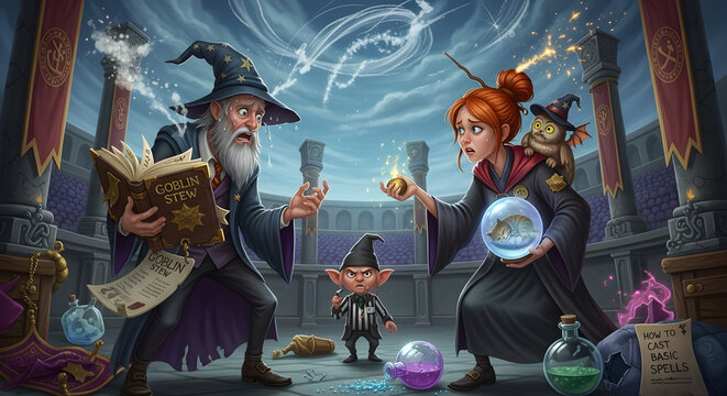 Frazzled wizards struggle with potion-making mishap as a tiny goblin referee watches with exasperation in a magical arena setting