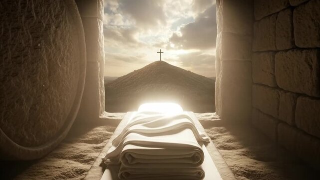 Biblical empty tomb with burial cloths and cross on hill for religious Easter celebration