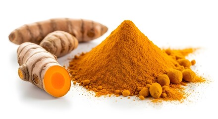Turmeric root and ground powder pile on white background