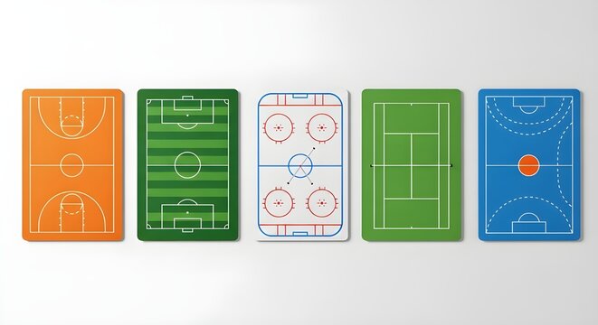 Sports court top view icon collection. Includes basketball, soccer, ice hockey, tennis, and handball court symbols. Created in flat style with orange, green, blue, and white palette.